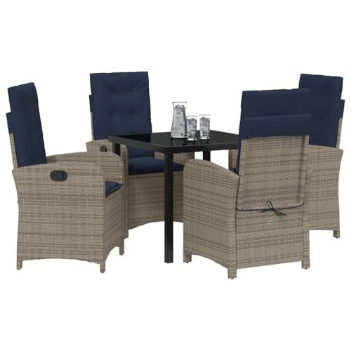vidaXL Verstellbares Gartenstuhl-Set (2er) in Grau aus Poly-Rattan mit bequemen, niederen blauen Kissen für Deine Terrasse oder Lounge. von vidaXL
