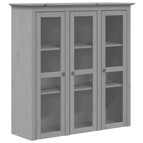 vidaXL Vitrinenschrank, Vitrine mit viel Stauraum, Bücherschrank Schrank mit Glastüren Metallgriffen, Sideboard Aufsatz Wohnzimmerschrank, Grau Massivholz Kiefer von vidaXL