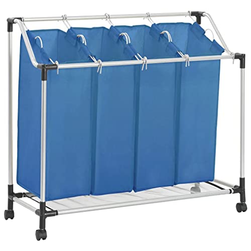 vidaXL Wäschesortierer mit 4 Taschen Rollen Wäschesammler Wäschekorb Wäschebox Wäschewagen Wäschetonne Wäschesack Wäschebehälter Blau Stahl von vidaXL
