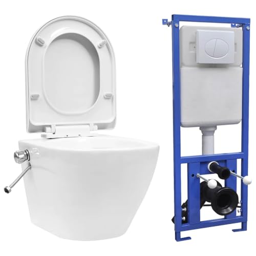 vidaXL Wand WC ohne Spülrand mit Einbau-Spülkasten Bidet-Funktion Softclose Spülrandlos Vorwandelement Hänge Toilette Keramik Weiß von vidaXL