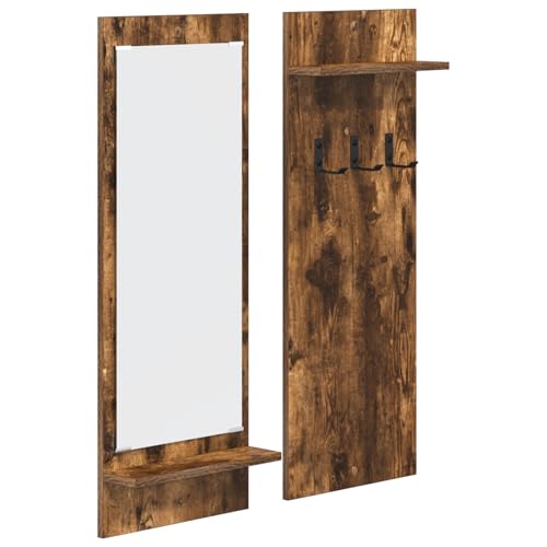 vidaXL Wandhaken in Rauch-Eiche, aus Holzwerkstoff. Die Maße sind 70 x 10 x 90 cm. Er spart Platz und hat Haken sowie Regale, ideal für den Eingangsbereich. Das robuste Design von vidaXL