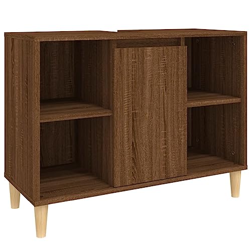 vidaXL Waschbeckenunterschrank, Badschrank mit 5 Fächern, Waschtisch Unterschrank mit Holzbeinen Tür, Schrank Badunterschrank Badmöbel, Braun Eichen-Optik Holzwerkstoff von vidaXL