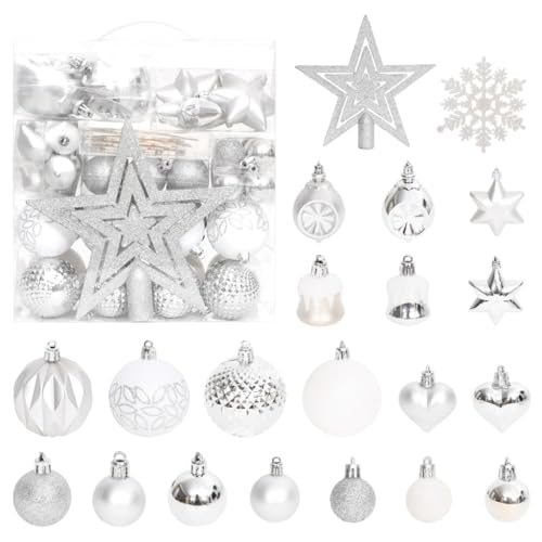 vidaXL Weihnachtskugel Set 70-TLG. Christbaumkugeln Baumschmuck Weihnachtsbaumkugeln Weihnachten Weihnachtsschmuck Baumspitze Silbern Weiß von vidaXL