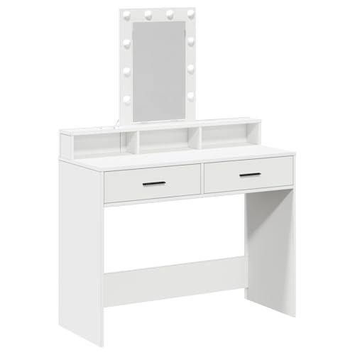 vidaXL Weiße Moderne Frisierkommode mit Spiegel und LED-Beleuchtung | Stylische Makeup-Station mit viel Stauraum | Langlebiges MDF Möbel für Schlafzimmer | Rechteckiges Design für Erwachsenenpflege von vidaXL