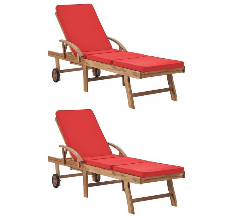 vidaXL Wellnessliege 2er Set Gartenliege Sonnenliege Rollliege mit Auflage rot Teakholz Hol von vidaXL