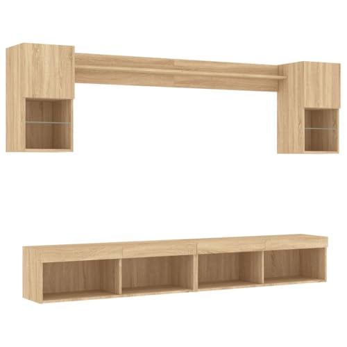vidaXL Wohnwand 6-TLG., Schrankwand mit viel Stauraum, Anbauwand mit LED-Beleuchtung, Wandmontage Fernsehschrank Wohnzimmer Set Schrank, Sonoma-Eiche Holzwerkstoff von vidaXL