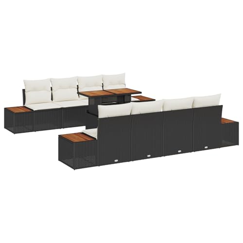 vidaXL 9-teiliges Garten-Essgruppen-Set mit Kissen in Schwarz aus Poly-Rattan und Akazie. Langlebige Outdoor-Möbel für bis zu 8 Personen, inklusive Tisch und Terrassen-Sitzmodul Sofa aus Holz. von vidaXL