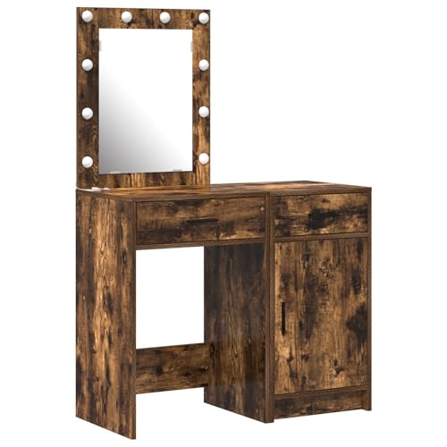 vidaXL Geräucherte Eichen-Kosmetiktisch mit LED-Spiegel | Elegante Makeupstation mit Stauraum, modernem Design, perfekt für Schlafzimmer und Badezimmer, Holz Möbel für Zuhause, kompaktes Set von vidaXL