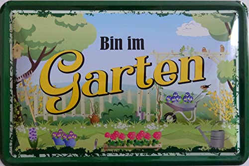 Blechschild Schild 20x30cm - Bin im Garten vintage Blumen Gartenzaun Haus von vielesguenstig-2013