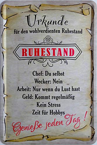 vielesguenstig-2013 Blechschild Schild 20x30cm gewölbt - Urkunde für den wohlverdienten Ruhestand Rente Job Arbeit Chef Ruhe Vintage von vielesguenstig-2013