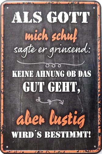 Blechschild Schild 20x30cm - als Gott mich schuf sagte er grinsend keine Ahnung ob das gut geht aber lustig wird es bestimmt von vielesguenstig by Robby Wanka