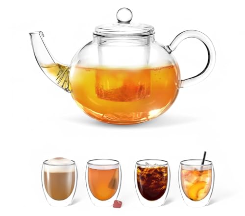 Vienberg Impolio Set | Teekanne + 4x 350ml Doppelwandige Gläser aus Hitzebeständiges Borosilikat-Glas | Glaskanne Teapot, Teeservice, Tee-Kaffee-Kareffe Thermoglas (900ml Set) von vienberg