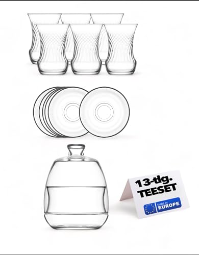 vienberg 13tlg. Teeset aus hochwertigem Glas | 6 x Teegläser, 6x Untassen, 1 x Zuckerschale | Türkische Teegläser Teeglas spülmaschinenfest, 100% Blei-frei von vienberg