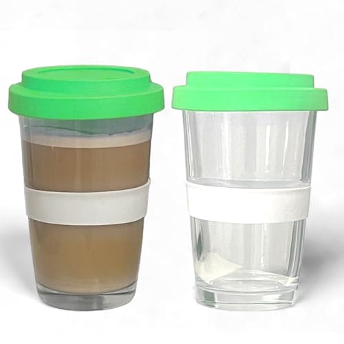 vienberg 2go Glas Trinkbecher mit Deckel | Swiss Made | Glas Kaffeebecher, Smoothie Glas Mehrwegglas, Kaffeetasse to go Becher | Blau Grün Pink | 330ml (2, Grün) von vienberg