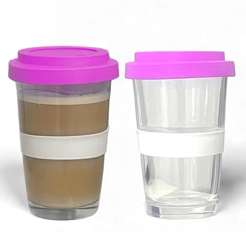 vienberg 2go Glas Trinkbecher mit Deckel | Swiss Made | Glas Kaffeebecher, Smoothie Glas Mehrwegglas, Kaffeetasse to go Becher | Blau Grün Pink | 330ml (2, Pink) von vienberg