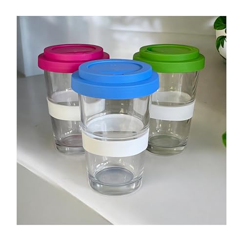 vienberg 2go Glas Trinkbecher mit Deckel | Swiss Made | Glas Kaffeebecher, Smoothie Glas Mehrwegglas, Kaffeetasse to go Becher | Blau Grün Pink | 330ml (3, Blau-Grün-Pink) von vienberg