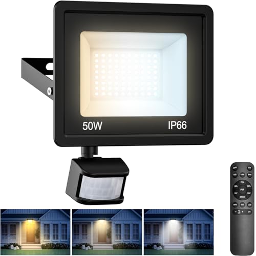 vighep 50W LED Strahler mit Bewegungsmelder Außen Fernbedienung, Dimmbar 3000k-4500k-6000K Aussenleuchte, IP66 Wasserdicht Timing-Funktion Scheinwerfer für Garten Hof Garage von vighep