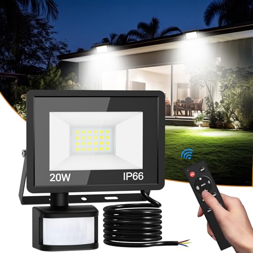 vighep Led Strahler mit Bewegungsmelder Außen, 20W Superhell LED Fluter mit Fernbedienung, IP66 Wasserdicht Scheinwerfer, 6500K Kaltweiß Aussenlampe für Garten Garage Hof Wand von vighep