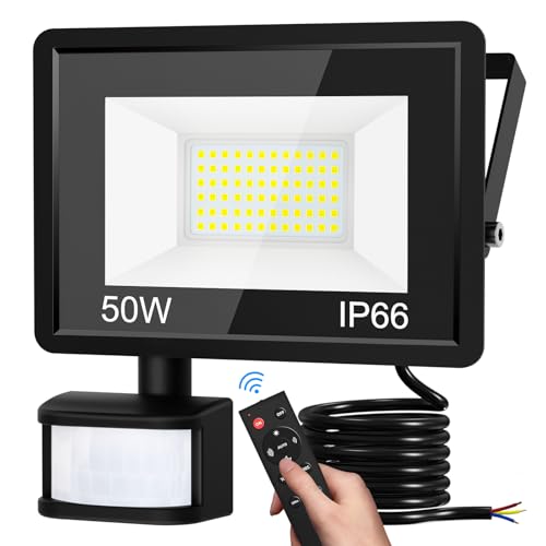 vighep Led Strahler mit Bewegungsmelder Außen, 50W Superhell LED Fluter mit Fernbedienung, IP66 Wasserdicht Scheinwerfer, 6500K Kaltweiß Aussenlampe für Garten Garage Hof Wand von vighep