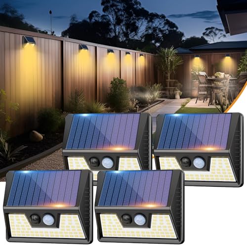 vighep Solarlampen für Außen mit Bewegungsmelder, 4 Stücke 3 Modi 3000K Warmweiß LED Superhelle Solarleuchten, IP65 Wasserdichte Solar Wandleuchte Aussen für Garten Hof Wand Stufen Deck Haustüren von vighep