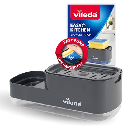 Vileda Pump Spülmittelspender mit Schwammhalter - Praktische 2-in-1-Lösung für die Küche - integrierter Seifenspender für einfaches Dosieren mit Einer Hand - Robustes & Langlebiges Design von Vileda