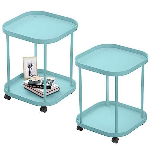 villertech Beistelltisch mit Rollen, Beistelltisch für Wohnzimmer, Kunststoff, mobil, Sofa, Beistelltisch, klein, Nachttisch, Schlafzimmer, Blau (2 Stück) von villertech