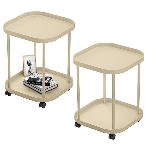 villertech Beistelltisch mit Rollen, Beistelltisch für Wohnzimmer, Kunststoff, mobil, Sofa, Beistelltisch, klein, Nachttisch, Schlafzimmer, Khaki (2 Stück) von villertech