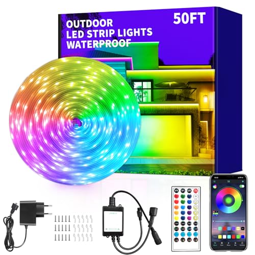 vimeepro Outdoor LED Strip Light 15 m Wasserdicht mit Remote/APP Control Musiksynchronisation RGB Outdoor Led Rope Lights Farbwechsel LED band strip für Schlafzimmer Balkon Dach Garten Treppe Parteien von vimeepro