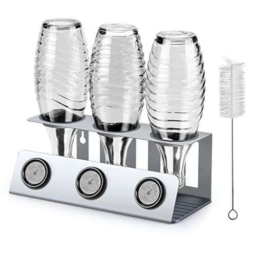 vinlley Flaschenhalter für Sodastream 3er Abtropfhalter mit Herausnehmbare Abtropfwanne und Deckelhalter, Abtropfständer für Sodastream Crystal und Emil Flaschen, Silber von vinlley