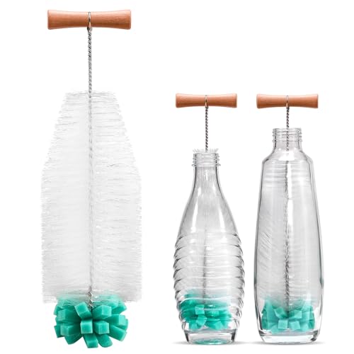 vinlley Die 35 cm Bürste mit Ergonomischem Griff, Weißen Borsten & Grünem Schwamm – ideal für Sodastream-Glas- und Duo-Kunststoffflaschen. Reinigt kraftvoll, ohne Beschädigungen. von vinlley