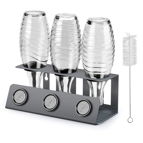 vinlley Flaschenhalter für Sodastream 3er Abtropfhalter mit Herausnehmbare Abtropfwanne und Deckelhalter, Abtropfständer für Sodastream Crystal und Emil Flaschen, Grau von vinlley