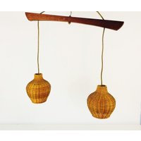 Mid Century Modern Seltene Pendelleuchte - Rattanschirm Teak Hängelampe Kegelform 1960Er Jahre von vinovo