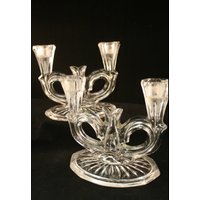 2 Vintage Klarglas Doppel Kerzenhalter, Klarglas, Radierung Mcm von vintagebcindy