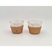 2 X Teelichthalter Kerzenhalter Jute Spitze Vintage Shabby Landhaus Stil Handmade Kunst von vintagedejoli