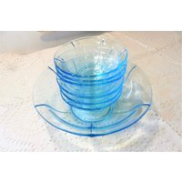 Art Deco Glasschüssel Set 7-Teilig Himmelblau von vintagehappimillAT