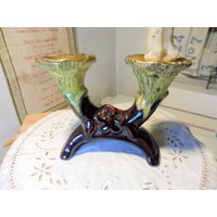 Vintage Kerzenhalter 2 Flammig Keramik Laufglasur Goldrand von vintagehappimillAT
