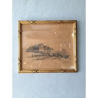 30S Pencil Drawing Danish Art Painting - Antique Illustration Signed By Artist Gammel Naustan Seaside Panorama von vintageinmode
