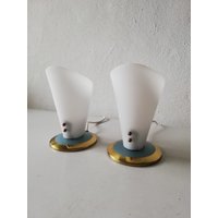 50S Curved Hard Plastic Lampshade Pair Of Beautiful Table Lamps - Blue & Brass Metal Base Germany 50S Curved Hard Plastic Lampshade Pair Of Beautiful Table Lamps - Blue & Brass Metal Base Germany von vintageinmode