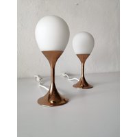 Atomic Age Rare Oval Glass & Copper Coloured Metal Tulip Base Pair Of Table Lamps - 70S Germany von vintageinmode