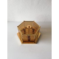 Brass & Smoke Glass Hexagonal 3 Socket Flush Mount - 1970S Germany Brass & Smoke Glass Hexagonal 3 Socket Flush Mount - 1970S Germany von vintageinmode