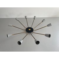 Mid-Century Grey Metal & Brass Body 10-Armed Sputnik Ceiling Lamp, 1950S, Germany Mid-Century Grey Metal & Brass Body 10-Armed Sputnik Ceiling Lamp, 1950S, Germany von vintageinmode