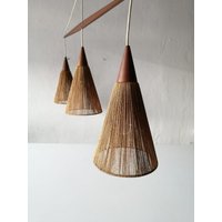 Rare Teak & Natural Ropes Triple Shade Ceiling Lamp By Ib Fabiansen For Fog & Mørup, 1960S Denmark von vintageinmode