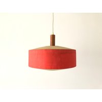 Red Fabric & Textured Plastic Shade Ceiling Lamp By Temde, 1960S, Switzerland Red Fabric & Textured Plastic Shade Ceiling Lamp By Temde, 1960S, Switzerland von vintageinmode
