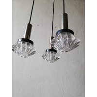 Triple Thick Ice Glass Cascade Lamp - 3 Armed Ceiling Chrome & Black Metal Top 1970S Italy von vintageinmode