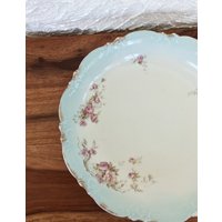 Antike Ak Cd Limoges France Schale, Himmelblau Mit Rosa Blumen Und Jakobskanten, Made in France, Porzellan, 10" Durchmesser, Anfang Der 1900Er Jahre von vintagenorthfinds