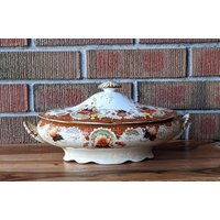 Antike James Kent Longton Ironstone Tureen, Mikado Muster, Braun, Orange Floral, Made in England, Anfang Der 1900Er Jahre von vintagenorthfinds