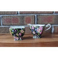 Royal Winton Grimwades Milchkännchen Und Offene Zuckerdose, Nantwich, Black Floral Chintz, Made in England, 1950Er Jahre von vintagenorthfinds