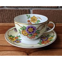 Schöne B & C Limoges France Teetasse Mit Untertasse, L. Bernardaud C, Barbara Ruth, Gelb Hellen Blumen, Wahrscheinlich 1930Er Jahre von vintagenorthfinds