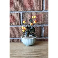 Vintage Glas Bonsai Baum, Spinat Grüne Blätter Mit Orangen Obst, Miniatur Pflanze Geschnitztem Glas, Ca. 5, 5" Hoch von vintagenorthfinds