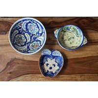 Vintage Set Von 3 Boho Keramik Schalen, Handgemachte Blaue Blumen - Und Vogel-Zierschalen, Hergestellt in Portugal Mexiko, 1960-90Er Jahre von vintagenorthfinds